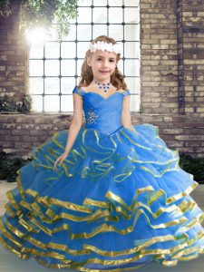 Gorgeous Beading and Ruffled Layers and Ruching Little Girls Pageant Dress Wholesale Blue Lace Up Sleeveless Floor Length