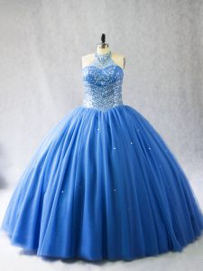 Adorable Blue 15th Birthday Dress Sweet 16 and Quinceanera with Beading Halter Top Sleeveless Brush Train Lace Up