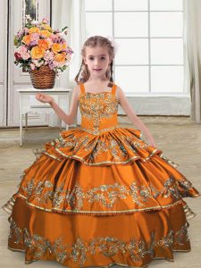 On Sale Floor Length Orange Kids Formal Wear Satin Sleeveless Embroidery and Ruffled Layers