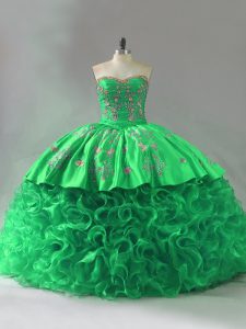 Fabric With Rolling Flowers Sweetheart Sleeveless Lace Up Embroidery and Ruffles Sweet 16 Quinceanera Dress in Green