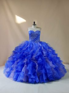 Sleeveless Organza Floor Length Lace Up Quince Ball Gowns in Royal Blue with Beading and Ruffles