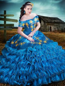 Low Price Blue Lace Up Off The Shoulder Embroidery and Ruffles Quinceanera Gowns Organza Sleeveless