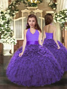 Purple Organza Lace Up Halter Top Sleeveless Floor Length Kids Formal Wear Ruffles