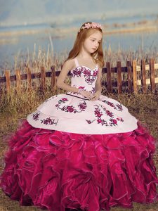 Hot Pink Ball Gowns Organza Straps Sleeveless Embroidery and Ruffles Floor Length Lace Up Pageant Gowns For Girls