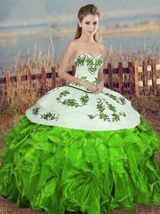 Green Sleeveless Floor Length Embroidery and Ruffles and Bowknot Lace Up Sweet 16 Dresses