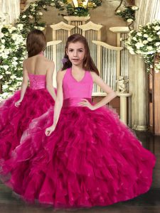 Halter Top Sleeveless Tulle Pageant Gowns For Girls Ruffles Lace Up