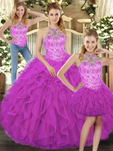 Most Popular Floor Length Lace Up Sweet 16 Dress Fuchsia for Military Ball and Sweet 16 and Quinceanera with Beading and Ruffles