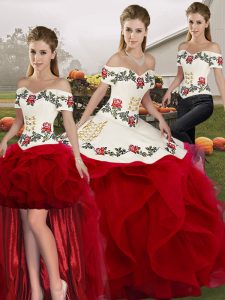 Dynamic White And Red Three Pieces Tulle Off The Shoulder Sleeveless Embroidery and Ruffles Floor Length Lace Up Sweet 16 Dress