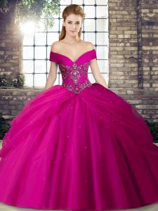 Fashion Ball Gowns Sleeveless Fuchsia Quinceanera Gown Brush Train Lace Up