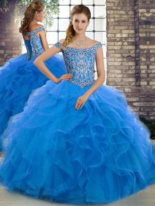 Custom Design Brush Train Ball Gowns Sweet 16 Dresses Blue Off The Shoulder Tulle Sleeveless Lace Up