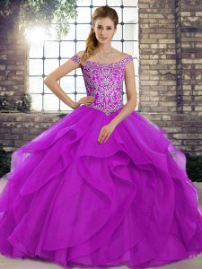 Glamorous Purple Quinceanera Dresses Tulle Brush Train Sleeveless Beading and Ruffles