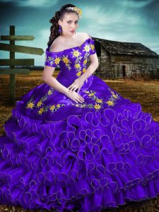 Flirting Off The Shoulder Sleeveless Quinceanera Gowns Floor Length Embroidery and Ruffles Purple Organza