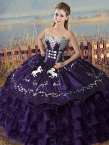 Enchanting Purple Ball Gowns Sweetheart Sleeveless Organza Floor Length Lace Up Embroidery and Ruffles Sweet 16 Dress