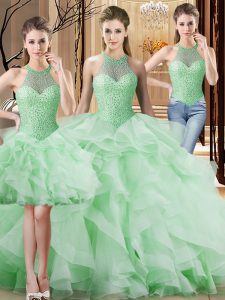 Deluxe Apple Green Sweet 16 Dress Sweet 16 and Quinceanera with Beading and Ruffles Halter Top Sleeveless Brush Train Lace Up