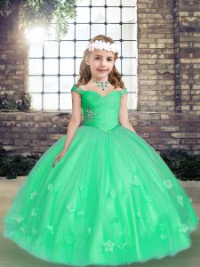 Gorgeous Green Lace Up Girls Pageant Dresses Beading and Hand Made Flower Sleeveless Floor Length