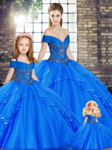 Fantastic Sleeveless Tulle Floor Length Lace Up Vestidos de Quinceanera in Royal Blue with Beading and Ruffles