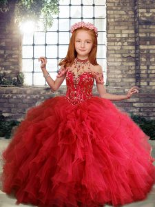 Admirable Scoop Sleeveless Kids Pageant Dress Floor Length Ruffles Red Tulle