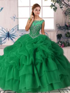 Popular Sleeveless Brush Train Beading and Pick Ups Zipper Quinceanera Dress