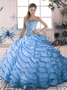 Edgy Blue Lace Up Ball Gown Prom Dress Sleeveless Brush Train Beading and Ruffles