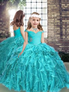 Top Selling Aqua Blue Ball Gowns Straps Sleeveless Organza Floor Length Lace Up Beading and Ruffles Kids Formal Wear