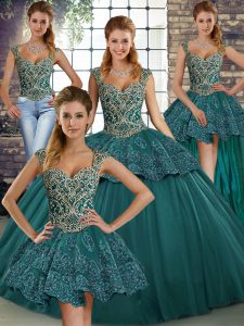 Fitting Floor Length Ball Gowns Sleeveless Green Quinceanera Gowns Lace Up