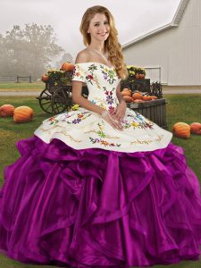 Delicate Floor Length White And Purple 15th Birthday Dress Organza Sleeveless Embroidery and Ruffles