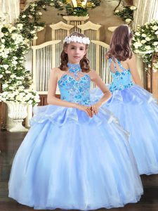 Appliques Girls Pageant Dresses Blue Lace Up Sleeveless Floor Length