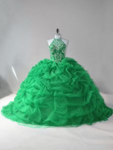 Fabulous Green Lace Up Vestidos de Quinceanera Beading and Pick Ups Sleeveless Court Train