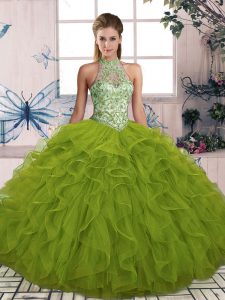 Fantastic Olive Green Sleeveless Floor Length Beading and Ruffles Lace Up Ball Gown Prom Dress