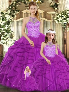 Halter Top Sleeveless Lace Up Quinceanera Dress Purple Tulle