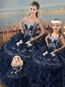 Navy Blue Lace Up Sweetheart Embroidery and Ruffles Sweet 16 Quinceanera Dress Satin and Organza Sleeveless