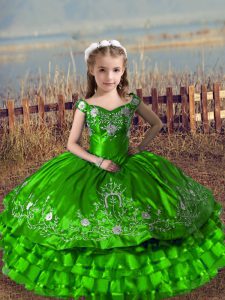 Graceful Off The Shoulder Sleeveless Lace Up Girls Pageant Dresses Green Satin and Organza