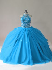 Exquisite Baby Blue Sweet 16 Dress Sweet 16 and Quinceanera with Beading Halter Top Sleeveless Lace Up