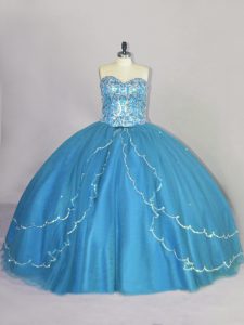 Simple Beading Quinceanera Dress Blue Lace Up Sleeveless Brush Train