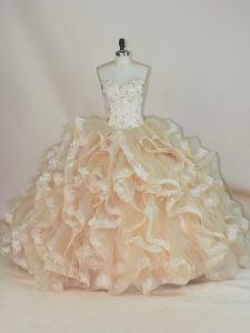 Champagne Ball Gowns Sweetheart Sleeveless Beading and Ruffles Floor Length Lace Up 15th Birthday Dress