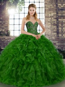 Green Sleeveless Floor Length Beading and Ruffles Lace Up 15th Birthday Dress