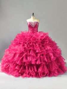 Sweetheart Sleeveless Lace Up 15 Quinceanera Dress Hot Pink Organza