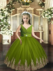 Gorgeous Olive Green Sleeveless Floor Length Embroidery Backless Pageant Gowns For Girls