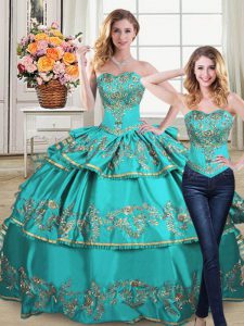 Aqua Blue Quinceanera Dress Sweet 16 and Quinceanera with Embroidery and Ruffled Layers Sweetheart Sleeveless Lace Up