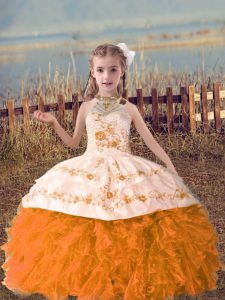 Orange Red Ball Gowns Organza Halter Top Sleeveless Beading and Embroidery and Ruffles Floor Length Lace Up Little Girl Pageant Dress