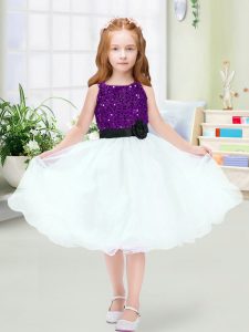 A-line Little Girl Pageant Dress White Scoop Organza Sleeveless Knee Length Zipper