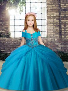 Exquisite Tulle Straps Sleeveless Lace Up Beading Girls Pageant Dresses in Baby Blue