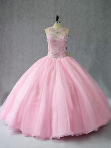 Gorgeous Scoop Sleeveless Sweet 16 Dress Floor Length Beading Baby Pink Organza