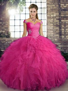 Affordable Floor Length Hot Pink Quinceanera Gown Tulle Sleeveless Beading and Ruffles