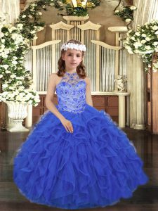 Fantastic Beading and Ruffles Little Girl Pageant Dress Royal Blue Lace Up Sleeveless Floor Length