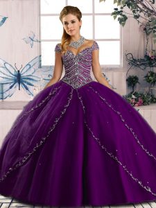 Purple Sweetheart Lace Up Beading Quinceanera Dress Brush Train Cap Sleeves