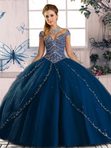 Blue Tulle Lace Up Sweet 16 Quinceanera Dress Cap Sleeves Brush Train Beading