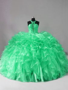 Custom Fit Green Organza Lace Up Halter Top Sleeveless Ball Gown Prom Dress Brush Train Beading and Ruffles