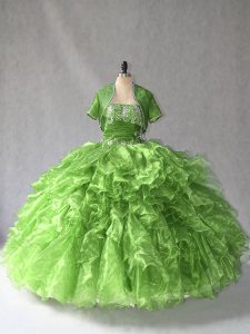 Elegant Organza Strapless Sleeveless Lace Up Beading and Ruffles Quinceanera Dress in Green