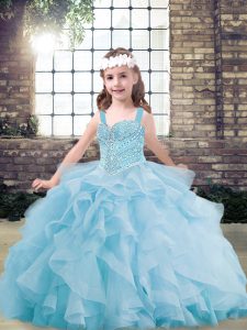 Elegant Beading and Ruffles Pageant Gowns For Girls Light Blue Lace Up Sleeveless Floor Length